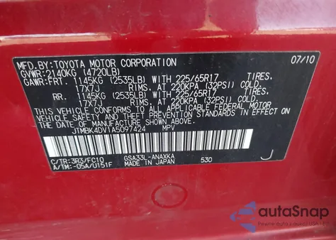 2010 Toyota Rav4 Base V6 from USA, damaged, VIN JTMBK4DV1A5097424